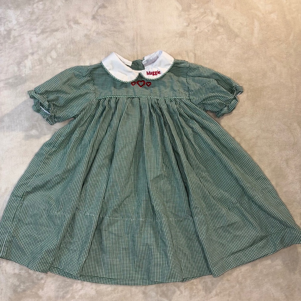 Inkas Uniforms Girls Green Gingham Heart Peter Pan Collar Smock Dress Size 3